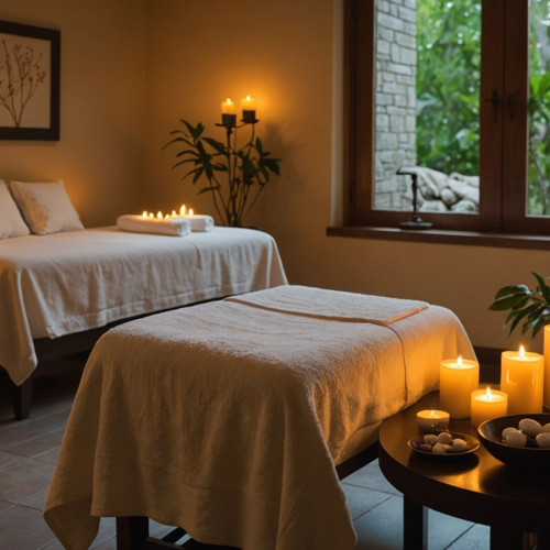 Spa ortamında masaj masası ve mumlar.
