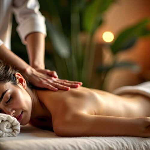 Masaj yapılan bir kişi, doğal bitkilerle çevrili.