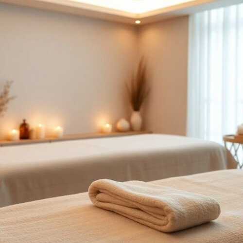 Masaj masası, yumuşak ışıklar ve rahatlatıcı atmosfer.