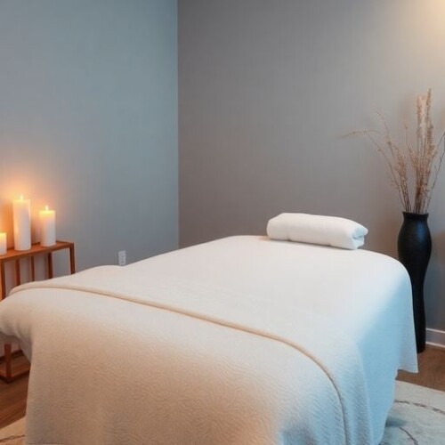 Rahatlatıcı bir masaj ortamı ve masaj masası.