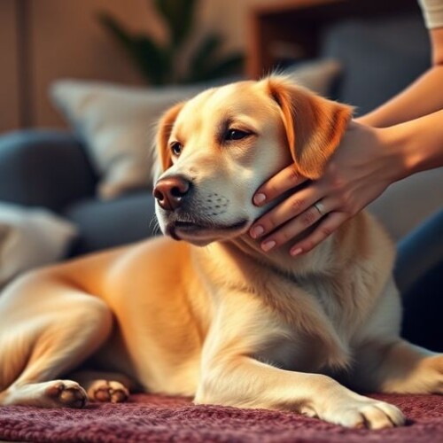 Evcil hayvan masajı yapan kişi ve köpek.