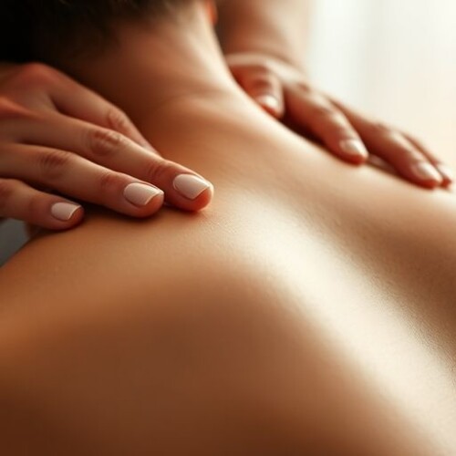 Omuz masajı yapan bir terapistin elleri.