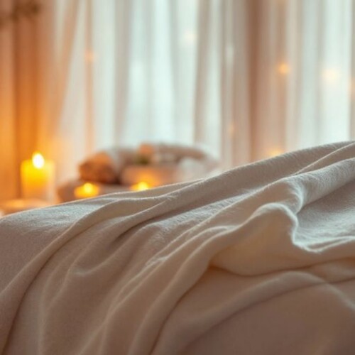 Masaj masası, mumlar ve yağlar ile sakin ortam.