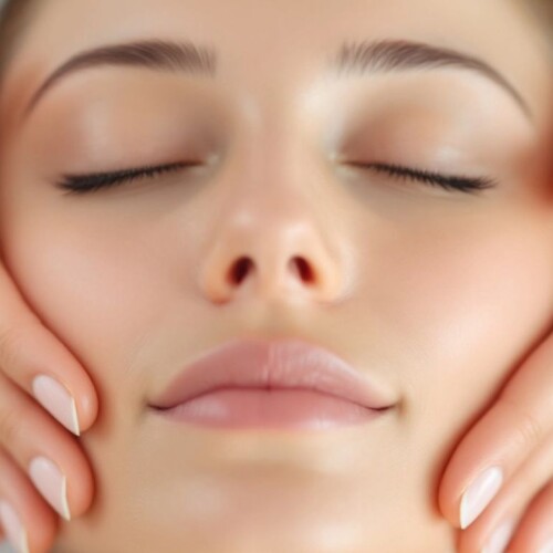 Yüz masajı yapan bir kişinin yakın plan fotoğrafı.