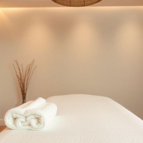 Masaj masası, yumuşak ışıklar ve rahatlatıcı atmosfer.