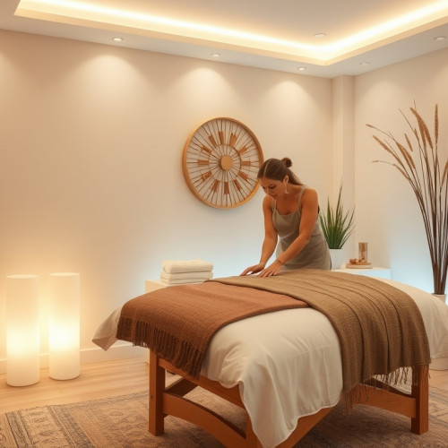 Professional masseuse preparing a tranquil massage environment.