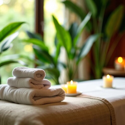 Masaj masası, havlular ve mumlar içeren görüntü.