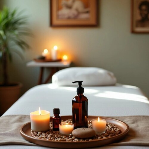 Masaj terapisi ortamı, rahat bir masa ve aydınlatma.