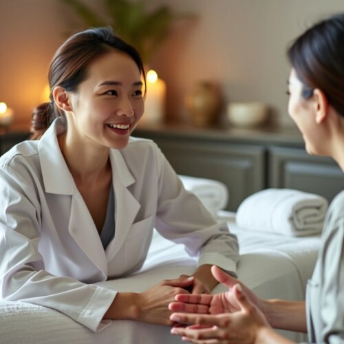 Masaj terapisti ve müşteri röportaj yapıyor.