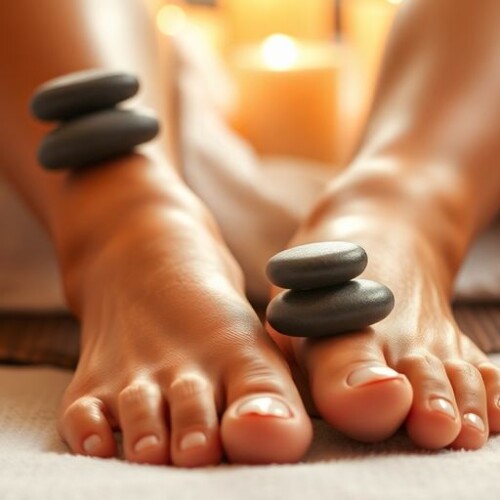 Sıcak taş masajı, alt uzuvlar ve rahat bir ortam.