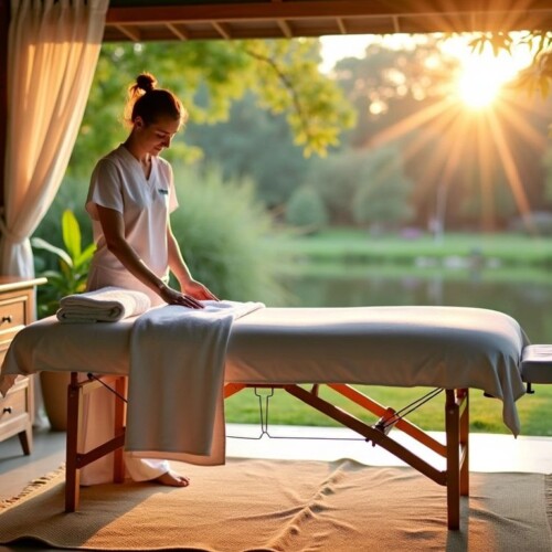 Huzurlu mobil masaj alanı, masaj masası ve yağlar.