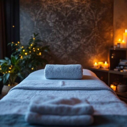 Aromaterapi masajı için bir masa ve yağlar.