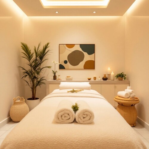 Masaj alanı, yumuşak ışıklar ve havlular.