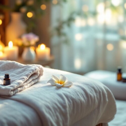 Masaj masası, mumlar ve çiçekler ile huzurlu bir ortam.