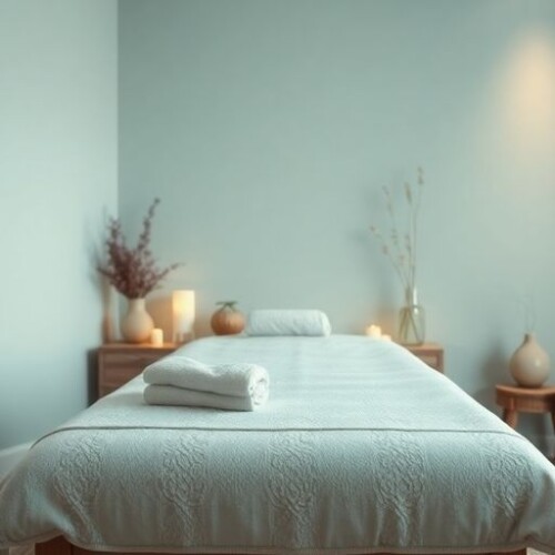 Masaj masası ve huzurlu bir ortam.