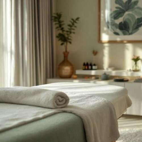 Rahatlatıcı masaj ortamı, huzurlu aydınlatma ve renkler.