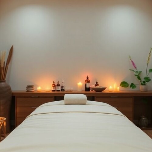 Masaj masası, aromaterapi yağları ve doğal taşlar.