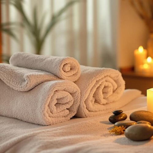 Rahatlatıcı masaj ortamı, masaj masası ve mumlar.