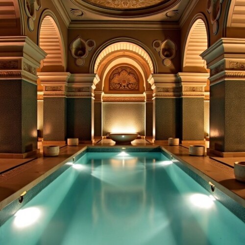 Geleneksel Türk hamamı, mermer ve çini detaylarıyla.