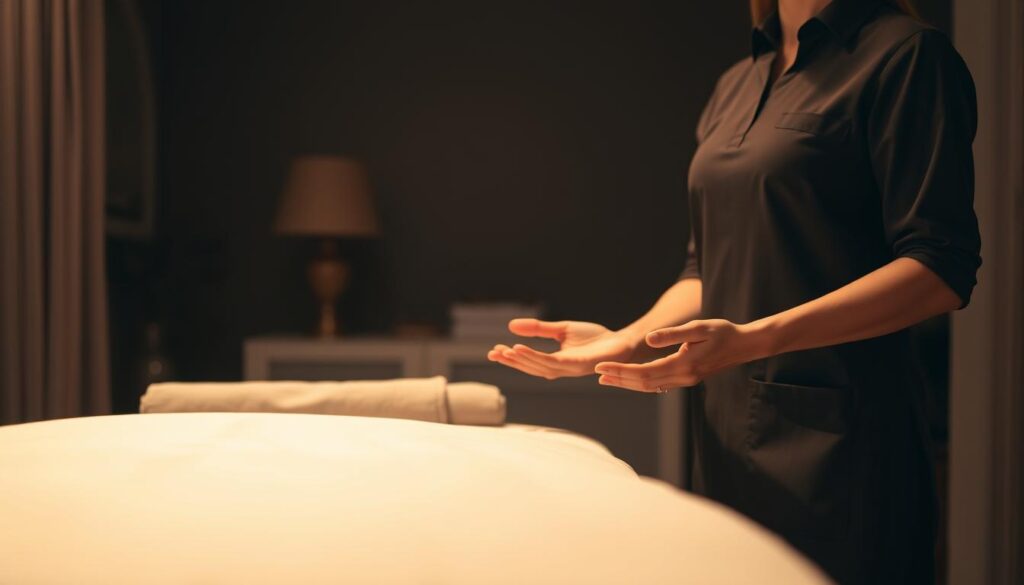A Turkish massage therapist in a serene, dimly lit massage studio. Soft, warm lighting illuminates the massage table draped with clean, plush linens. The therapist, dressed in a professional uniform, stands next to the table, their hands outstretched, conveying a sense of calm expertise. The background is blurred, focusing the viewer's attention on the tranquil massage setting. The overall atmosphere exudes professionalism, comfort, and the promise of a relaxing, therapeutic experience.