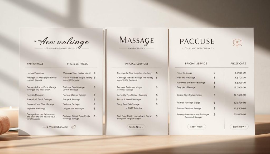 A beautifully designed pricing and package display, showcasing a range of massage services with elegant icons and typography. The layout features a clean, minimalist aesthetic with soft pastel hues, evoking a sense of tranquility and relaxation. The foreground highlights the various package options, each with a clear breakdown of services and corresponding prices. The middle ground blends seamless transitions between the package details, while the background maintains a serene, out-of-focus blur, allowing the pricing information to take center stage. Dramatic lighting casts subtle shadows, adding depth and dimension to the overall composition. The entire scene exudes an air of professionalism, inviting the viewer to explore the personalized massage experience.