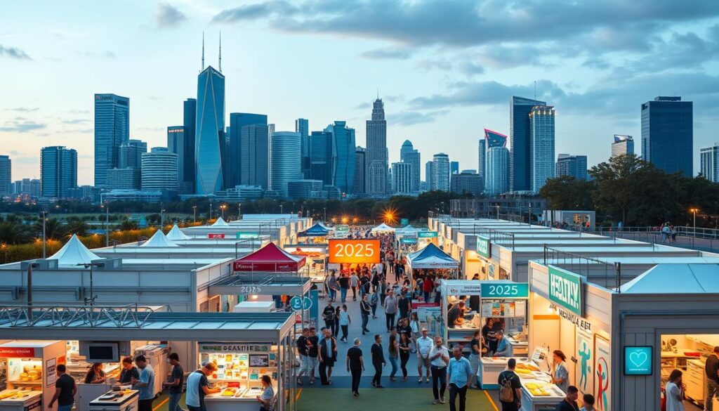 A bustling and vibrant health fair in the year 2025, set against the backdrop of a modern city skyline. The fairgrounds are filled with state-of-the-art medical equipment, cutting-edge healthcare technologies, and informative booths showcasing the latest advancements in the industry. The atmosphere is one of excitement and innovation, with visitors eagerly exploring the diverse array of health-related products and services on display. Warm, natural lighting illuminates the scene, casting a welcoming glow over the event. The overall composition conveys a sense of progress, possibility, and a commitment to prioritizing personal well-being in the years to come.