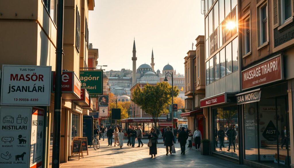A bustling urban intersection in Istanbul, Turkey, with several storefront signs advertising "Masör İlanları" or "Massage Therapist Wanted" in the local language. The scene is bathed in warm, afternoon sunlight, casting long shadows across the sidewalk and lively street. In the foreground, a variety of massage therapy-related signs and symbols catch the eye, hinting at the diverse range of services and job opportunities available. The middle ground features the vibrant storefronts, each with its own unique architectural style and character. In the background, the iconic towers and domes of historic Istanbul skyline rise up, creating a picturesque and culturally-rich setting. The overall mood is one of dynamic energy, opportunity, and the fusion of modern and traditional elements that characterize this bustling city.