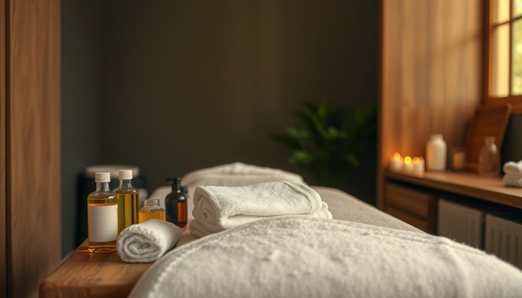A calming, dimly lit room with soothing natural textures. On a wooden table, an array of massage oils, towels, and a soft, plush blanket. Soft, warm lighting casts a gentle glow, creating an atmosphere of relaxation and tranquility. In the background, a hint of greenery and natural elements, evoking a sense of harmony and balance. The scene exudes a serene, spa-like ambiance, inviting the viewer to imagine the peaceful preparation for a restorative massage experience.