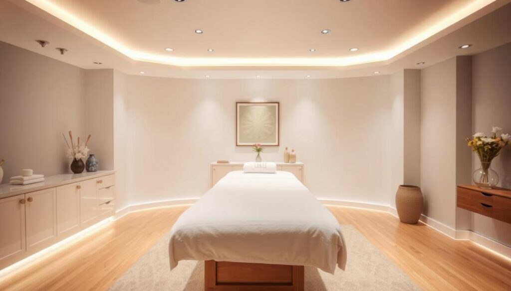 A clean, well-lit room showcasing a serene massage studio, with soft lighting and neutral-toned decor. A professional-grade massage table takes center stage, inviting the viewer to imagine the tranquil experience of a soothing massage session. The room exudes a calming ambiance, with subtle accents that suggest the high-quality services and wellness opportunities available. The overall scene conveys a sense of relaxation and professionalism, reflecting the key aspects of the "Masöz İş İlanları ve Wellness Fırsatları" article and the "Masöz İş İlanlarına Başvuru Süreci" section.
