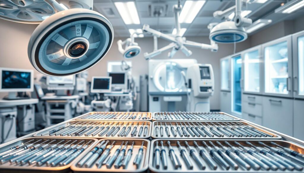 A clinical setting with various medical devices and equipment prominently displayed. The foreground features a sleek, high-tech surgical lamp and a state-of-the-art diagnostic monitor. In the middle ground, rows of precision instruments, from scalpels to syringes, are neatly organized on sterile metal trays. The background showcases a blend of advanced medical technology, with robotic surgical arms, specialized imaging devices, and cutting-edge medical cabinets. The lighting is a warm, clinical white, creating a sense of professionalism and innovation. The overall scene conveys a sense of cutting-edge medical technology, highlighting the cutting-edge products and services that could be found at the health fair.