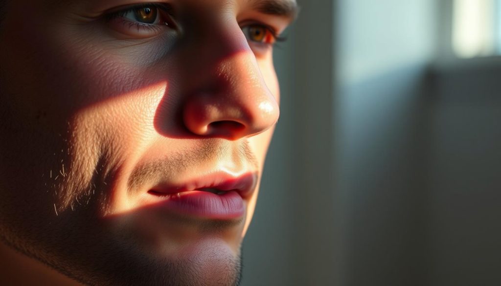 A close-up, high-resolution image of a man's face, lit by soft, natural light from the side. The skin is smooth and healthy, with a slight glow. The lighting emphasizes the contours of the face, highlighting the jawline and cheekbones. The background is slightly blurred, creating a sense of depth and focus on the face. The overall mood is relaxed and serene, conveying the importance of proper skin care for men.