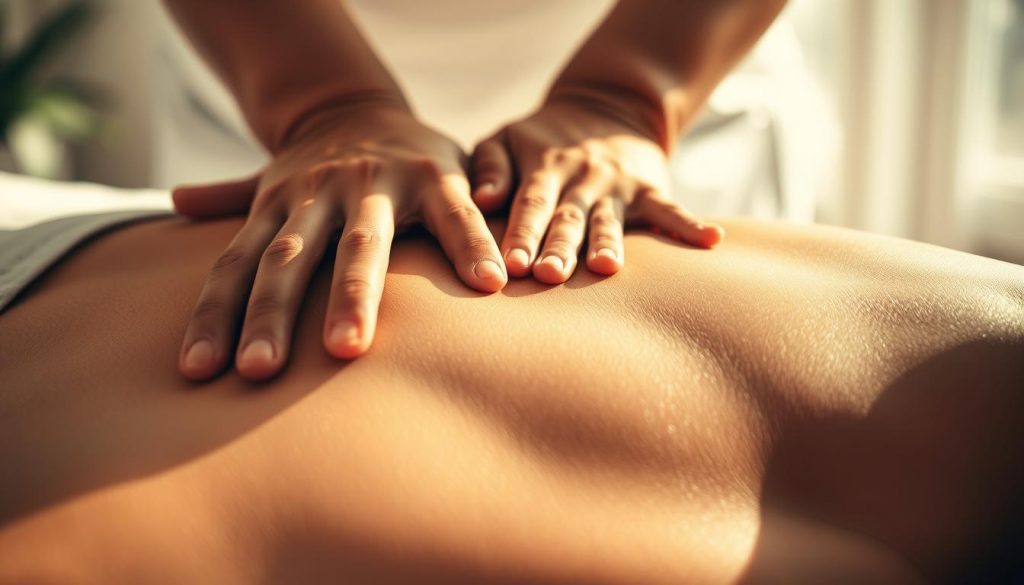 A close-up shot of human hands delicately administering a therapeutic massage, showcasing the intricate techniques and pressure points involved. The scene is bathed in a warm, natural lighting that highlights the contours of the muscles and the soothing motions of the massage. The background is blurred, creating a sense of focus and tranquility, emphasizing the scientific and holistic nature of the massage practice. The image conveys the expertise, care, and empirical knowledge required to deliver an effective, evidence-based massage therapy.