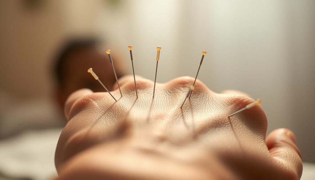 A close-up view of a hand with acupuncture needles gently inserted into the skin, creating a serene, focused atmosphere. The soft, diffused lighting casts a warm glow, highlighting the delicate details of the needles and the skin's texture. The background is blurred, creating a sense of depth and emphasizing the treatment process. The composition is balanced and visually appealing, conveying the calm and therapeutic nature of the acupuncture session.