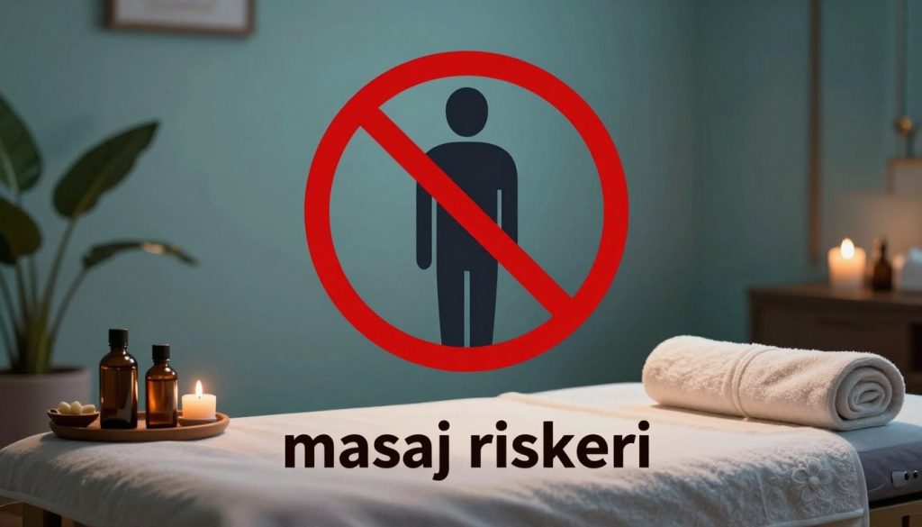 A conceptual illustration representing "masaj riskleri" embodied through symbolic elements. In the foreground, include a soft, out-of-focus massage table, with professional massage oils and towels neatly arranged. In the middle, display a visual metaphor for restricted massage, such as a red crossed circle overlaying a silhouette of a human figure, indicating contraindications. The background should feature a tranquil, dimly lit spa environment with calming colors like soft blues and greens, evoking a sense of serenity yet underscoring caution. Utilize dramatic lighting to create shadows that suggest depth and evoke contemplation. The overall mood should balance the peaceful ambiance of a massage setting with the seriousness of the topic, illustrating the importance of caution and awareness around massage therapy risks.