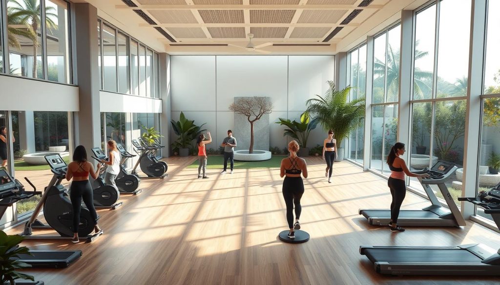 A contemporary fitness sanctuary, where sleek lines and natural elements converge in perfect harmony. Sunlight dances through floor-to-ceiling windows, illuminating a spacious gym floor adorned with state-of-the-art equipment. Vibrant, pulsing music fills the air, as energetic individuals engage in invigorating group classes. The backdrop features a serene meditation garden, its lush greenery and calming water features creating an oasis of tranquility. This holistic fitness experience seamlessly blends physical challenge with mental rejuvenation, embodying the essence of a modern, women-centric wellness destination.