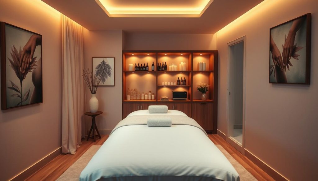 A cozy and inviting massage parlor interior, with warm lighting and soft, luxurious fabrics. A central massage table is the focal point, surrounded by minimalist decor and calming artwork. The room exudes a sense of tranquility and relaxation, with a well-stocked display of various massage oils and aromatherapy candles. The atmosphere is serene and professional, setting the stage for a personalized, bespoke massage experience tailored to the client's needs and budget.