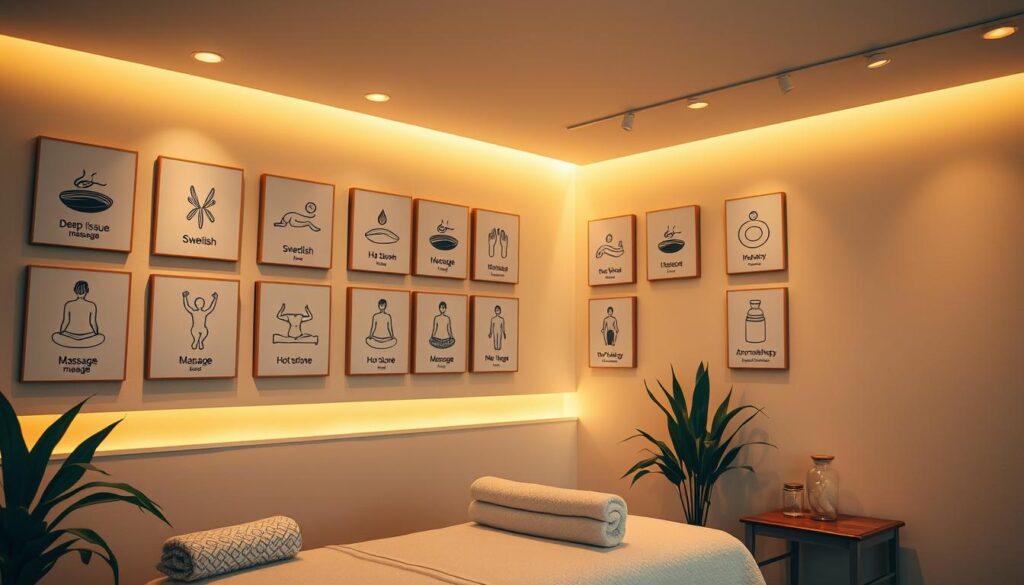 A cozy and inviting massage parlor setting, featuring a collection of massage modalities prominently displayed on the walls. The scene depicts various massage techniques such as deep tissue, Swedish, hot stone, and aromatherapy, each represented by minimalist icons or illustrations. The lighting is warm and soothing, with soft indirect illumination casting a peaceful ambiance throughout the space. The overall composition conveys a sense of tranquility and professionalism, hinting at the range of massage services available to discerning clientele.