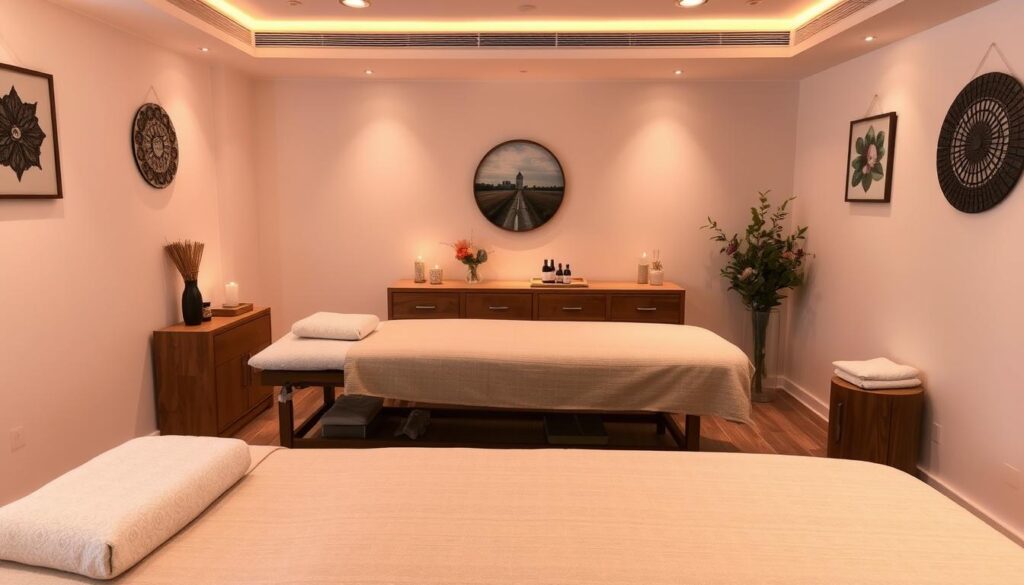 A cozy and inviting massage studio in Kadıköy, with soft lighting, plush pillows, and tranquil decor. Wooden massage tables take center stage, accompanied by essential oils and relaxing music. The scene evokes a sense of serene calm, perfect for the skilled and professional massage therapists to provide their expert services. The overall atmosphere is one of comfort, wellness, and rejuvenation, capturing the essence of the premium massage experiences offered in this Kadıköy location.