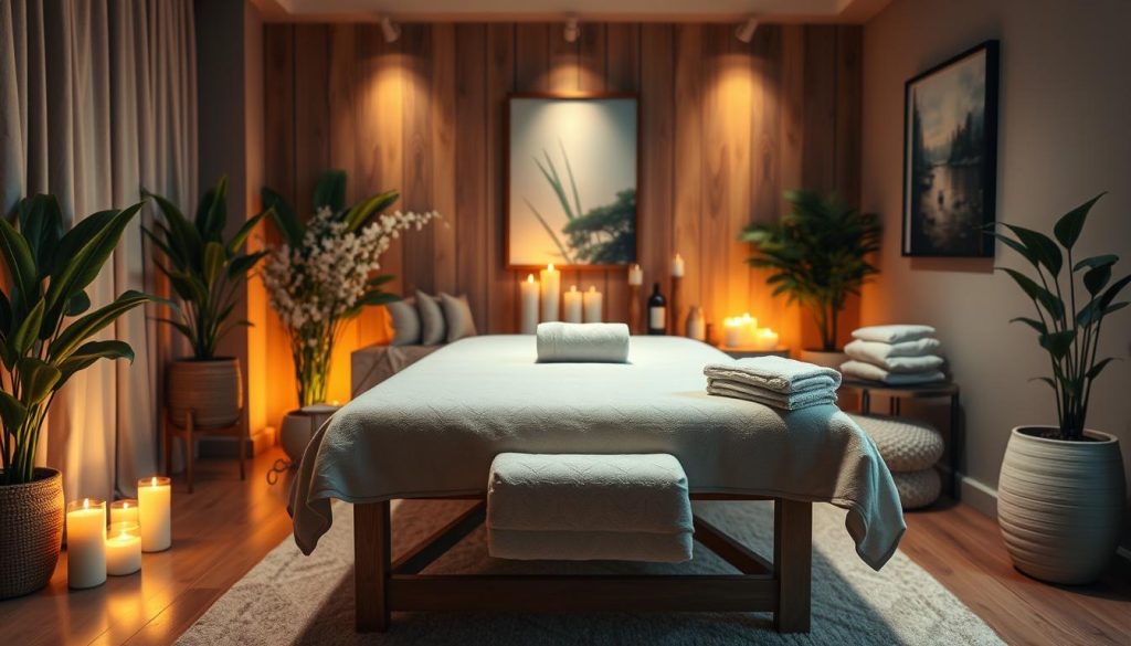 A cozy and relaxing home massage setting. A soft, plush massage table is centered in a warm, dimly lit room, with soothing ambient lighting casting a gentle glow. Candles flicker, and calming nature sounds fill the air. Lush, potted plants and tranquil artwork adorn the walls, creating a serene, spa-like atmosphere. Soft, luxury linens and towels are neatly arranged, inviting the recipient to indulge in a rejuvenating experience. The scene evokes a sense of comfort, relaxation, and personal pampering, perfectly capturing the "Evde Masaj Keyfi" concept.