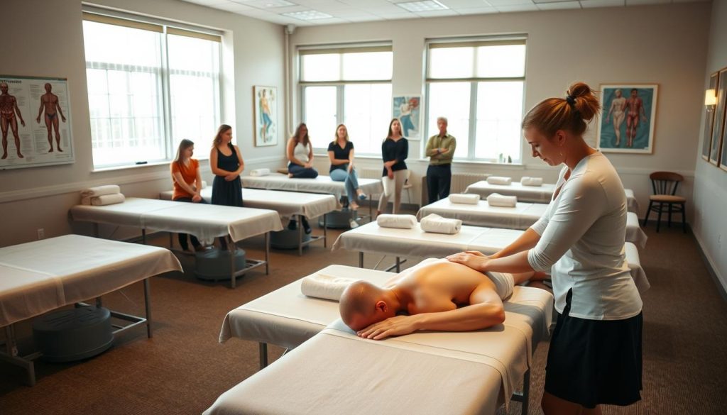 A cozy and serene classroom setting, with rows of massage tables arranged neatly. Soft, natural lighting filters in through large windows, casting a warm glow on the scene. The walls are adorned with anatomical charts and soothing artwork, creating an inviting and educational atmosphere. In the foreground, a massage therapist demonstrates proper techniques on a patient, their movements graceful and attentive. In the background, students observe intently, their expressions focused as they take mental notes. The overall mood is one of tranquility and a deep appreciation for the art of massage.