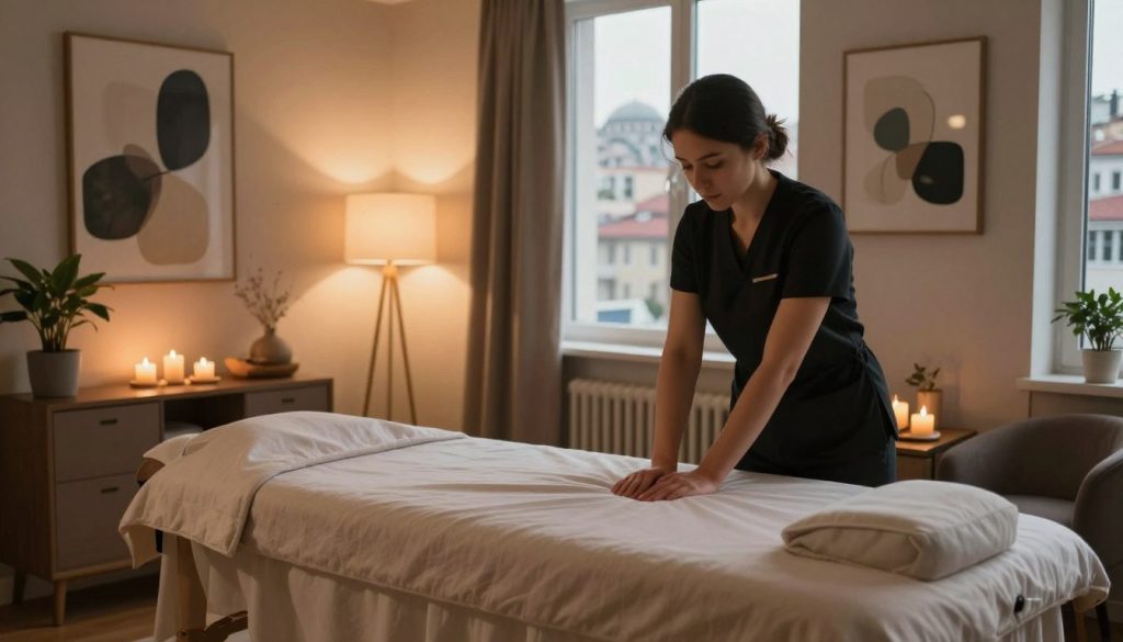 A cozy and serene interior of a modern Istanbul apartment showcasing a professional massage setup. In the foreground, a neatly arranged massage table with soft, neutral-toned linens and aromatic candles. A tranquil atmosphere, illuminated by warm, soft lighting from floor lamps, casting gentle shadows. In the middle ground, decorative elements such as potted plants and abstract art on the walls that evoke a calming ambiance. In the background, large windows reveal a glimpse of the bustling cityscape of Istanbul, blending traditional and contemporary architecture, hinting at the vibrant life outside. The image captures a sense of relaxation and comfort, ideal for a professional massage service environment.