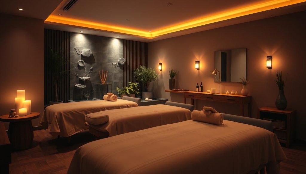 A cozy and serene massage parlor, dimly lit with warm, ambient lighting that creates a relaxing atmosphere. The space is neatly arranged, with plush massage tables draped in crisp, clean linens. Subtle scents of essential oils, like lavender and chamomile, linger in the air, enhancing the soothing ambiance. Soft, calming music plays in the background, blending seamlessly with the gentle sounds of a water feature. The room is spacious, with natural elements like potted plants and wooden accents, exuding a sense of tranquility and balance. The overall scene evokes a feeling of being transported to a sanctuary of relaxation, ready to embark on a rejuvenating massage experience.