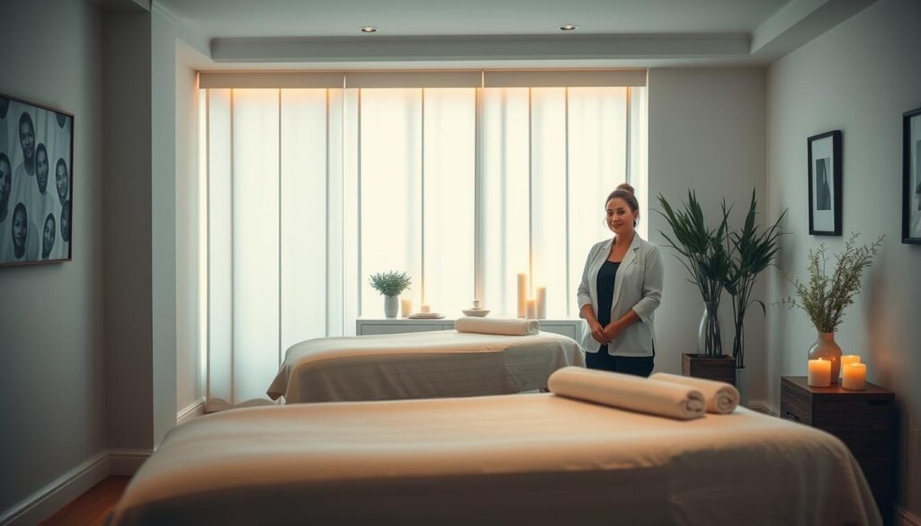 A cozy and serene massage studio, bathed in soft lighting. Two experienced massage therapists, dressed in professional attire, stand ready to guide clients into a state of deep relaxation. The room exudes an aura of tranquility, with plush massage tables and soothing decor elements. Aromatic candles and calming music create a sensory experience that invites the viewer to unwind and indulge in the expertise of these skilled professionals.