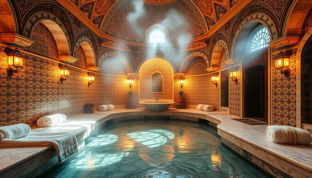 A cozy and serene traditional Turkish hamam, with ornate domed architecture and warm, diffused lighting casting a soft, golden glow. Intricate mosaic tiles line the walls, reflecting the shimmering waters of the central marble plunge pool. Plush towels and aromatic steam fills the air, creating a tranquil and rejuvenating atmosphere. Luxurious marble slabs are positioned for relaxation and pampering, inviting visitors to indulge in a timeless bathing ritual. Ornamental lamps and decorative copper accents add depth and character to the scene, transporting the viewer to the heart of Istanbul's rich cultural heritage.