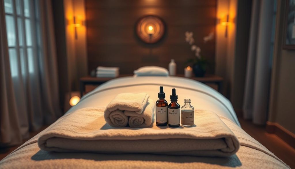 A cozy and tranquil massage studio, bathed in warm, soothing lighting. On a plush massage table, soft towels and an array of aromatherapy oils wait to be used in a calming anti-stress massage. The masseuse's skilled hands gently knead and soothe tense muscles, promoting deep relaxation and a sense of inner peace. The scene evokes a serene, meditative atmosphere, inviting the viewer to imagine the restorative experience of this personalized, therapeutic massage.