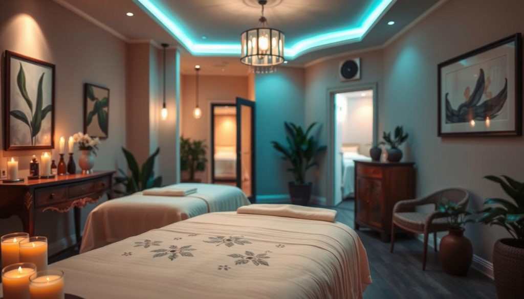 A cozy boutique massage studio interior, featuring soft ambient lighting with warm, inviting colors. The foreground displays a beautifully arranged massage table draped in plush linens, surrounded by candles and essential oil bottles, creating a serene atmosphere. In the middle ground, elegant wooden furniture and lush indoor plants contribute to a tranquil vibe, while calming artwork adorns the walls. The background reveals a softly lit hallway leading to private massage rooms, enhancing the sense of privacy and intimacy. A gentle glow from hanging pendant lights casts soft shadows, inviting relaxation. The overall mood is peaceful and rejuvenating, promoting a sense of escape from the bustling city life outside.