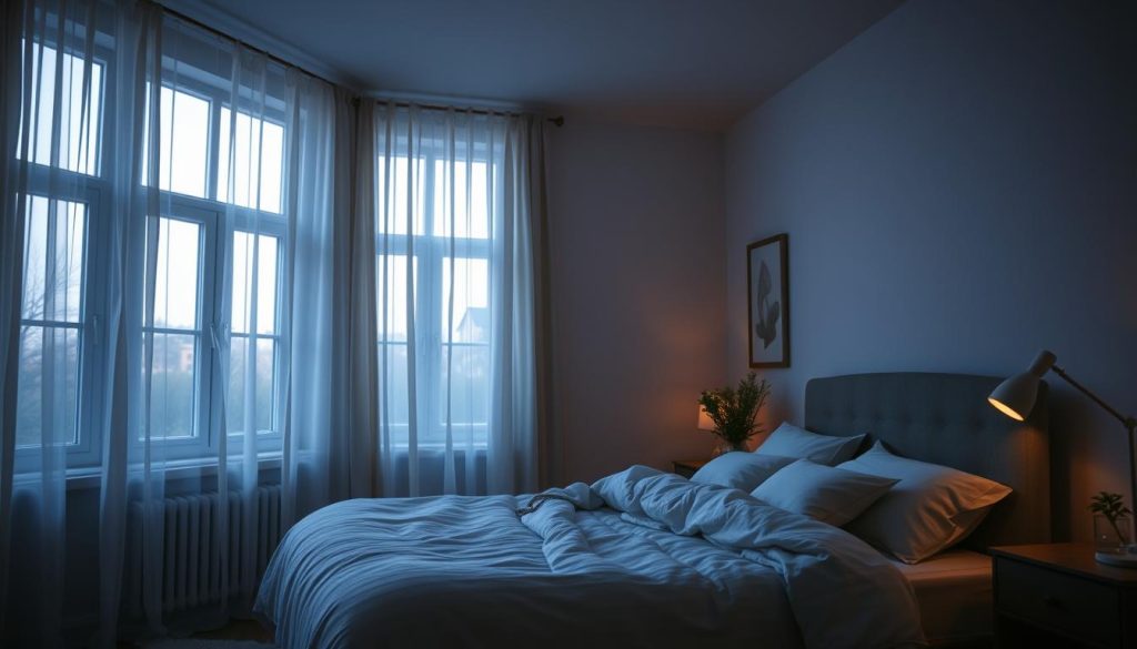 A cozy, dimly lit bedroom with warm lighting, featuring a plush, inviting bed adorned with soft, neutral-toned bedding. The room has minimal decor, emphasizing a sense of tranquility and relaxation. Large, open windows allow natural light to filter in, while sheer curtains gently sway, creating a serene and calming atmosphere. The overall mood is one of comfort and stillness, perfectly suited for optimizing sleep and promoting deep, restful slumber.