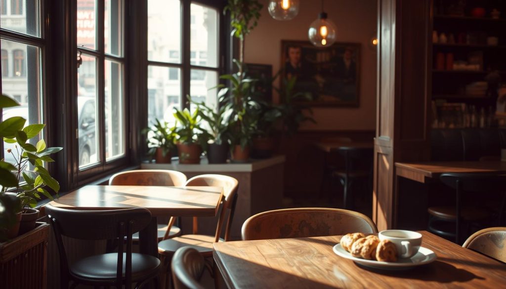 A cozy, dimly-lit café nestled in the heart of Istanbul, its weathered wooden tables and chairs inviting weary travelers to linger. Soft natural light filters through large windows, casting a warm glow upon the scene. The aroma of freshly brewed coffee and flaky pastries wafts through the air, creating a tranquil, almost meditative atmosphere. In the background, a row of leafy potted plants adds a touch of greenery, while the muted colors of the walls and furnishings evoke a sense of timeless elegance. This hidden gem, a peaceful respite from the bustling city outside, beckons the viewer to indulge in a moment of pure relaxation.