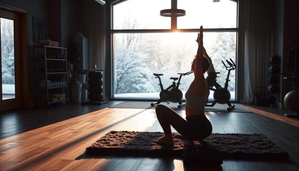 A cozy, dimly lit indoor gym setting. The foreground features a person doing yoga poses on a plush mat, casting long shadows. In the middle ground, exercise equipment such as dumbbells, resistance bands, and a stationary bike are arranged tastefully. The background showcases a large window overlooking a snow-covered winter landscape, with soft, warm lighting filtering through. The overall atmosphere is serene, peaceful, and conducive to both physical and mental well-being.