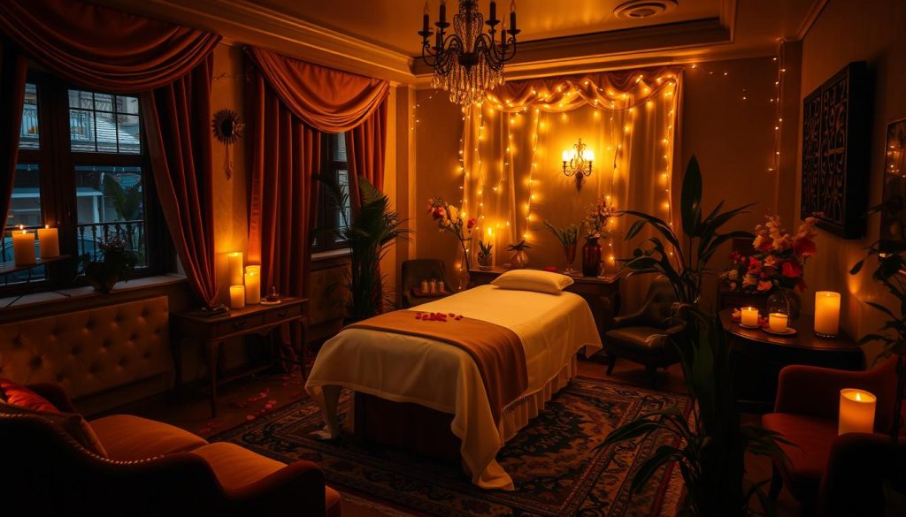 A cozy, dimly-lit interior of a Beyoğlu massage parlor, illuminated by the warm glow of candles and fairy lights. Plush velvet chaise lounges and ornate rugs create an intimate, romantic atmosphere. Delicate floral arrangements and scattered rose petals add a touch of elegance, while soft, soothing music fills the air. The focus is on the inviting massage table, draped in crisp, white linens and surrounded by lush, verdant plants. Diffused, golden lighting casts a gentle, sensual ambiance, conveying a serene, rejuvenating experience for couples seeking a moment of relaxation and connection.